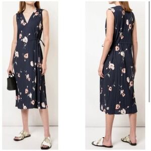 Vince Navy Tossed Poppy Printed Pleated Sleeveless V-Neck Crepe Midi Dress XS